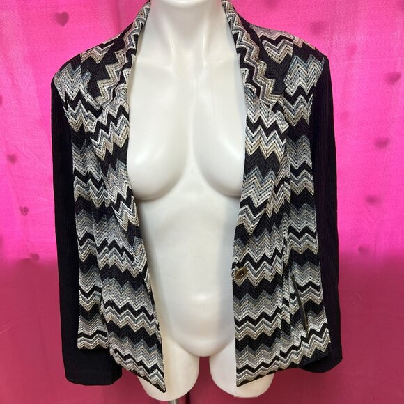 #209 Chico's Black White Zig-Zag Patterned Dress Jacket Blazer Size 3 (16) - Picture 2 of 8